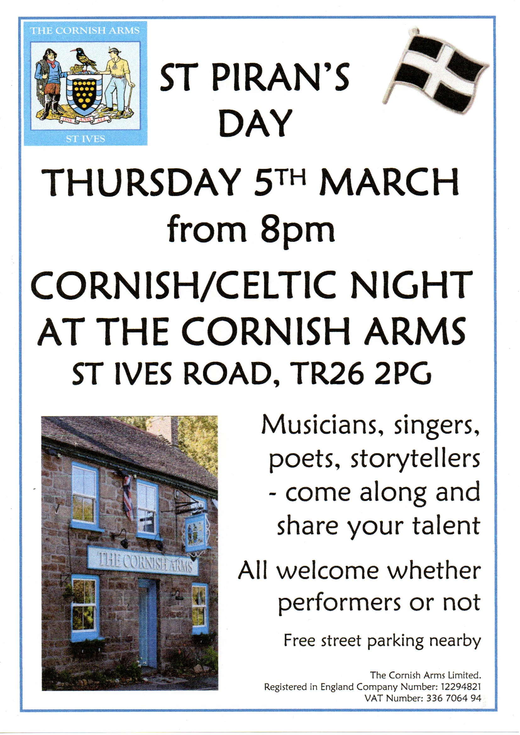 St Piran's Night Poster Cornish Arms